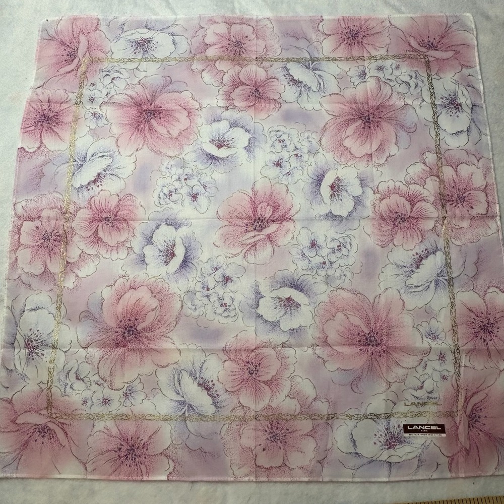Vtg LANCEL Scarf Handkerchief Floral Chain Border Cotton Pink Purple 18"